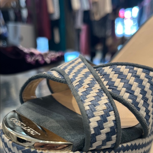 Jimmy Choo Navy and White Woven Wedges Size 39 - Picture 7 of 7